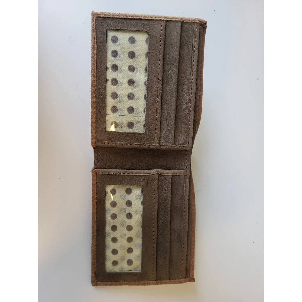 Tan Brown Suede Leather Bifold Wallet Mens Two ID Windows Slim‎ Card Holder